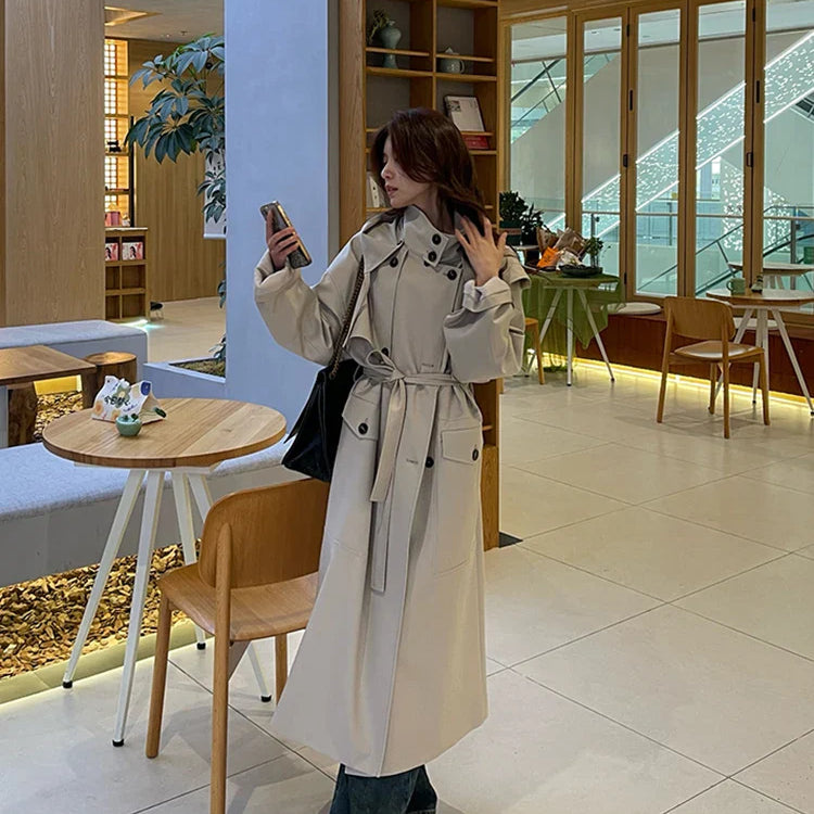 Spring Autumn Long Oversized Light Khaki Trench Coat for Women with Hood Double Breasted Loose Casual Overcoat 2024
