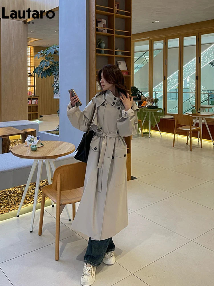 Spring Autumn Long Oversized Light Khaki Trench Coat for Women with Hood Double Breasted Loose Casual Overcoat 2024