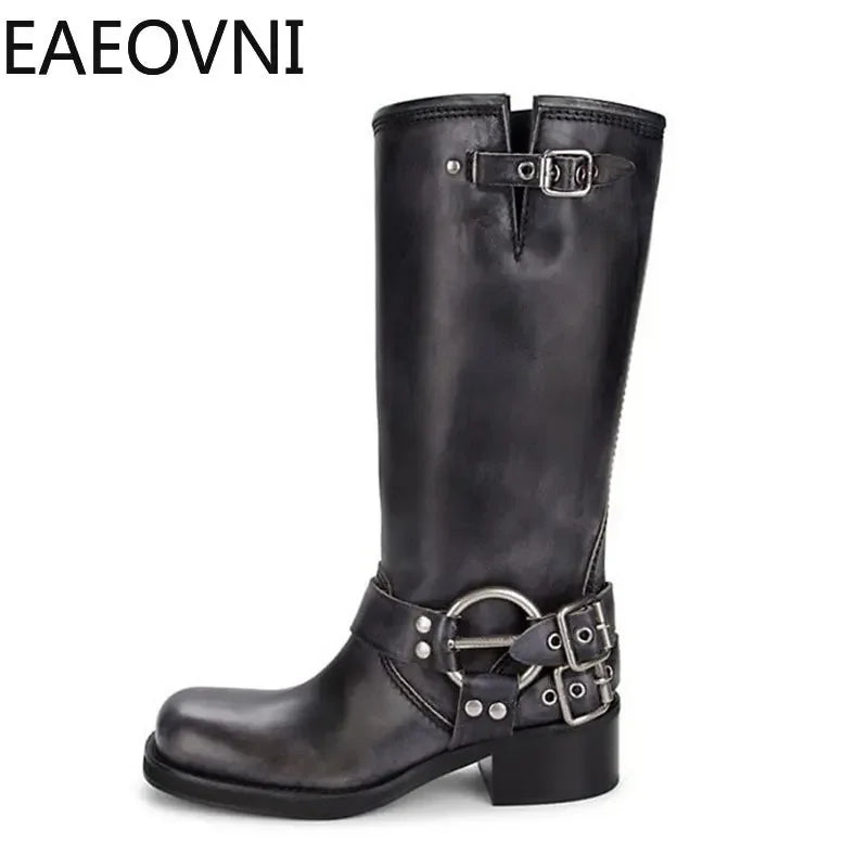 Knee High Boots Women Fashion Slip On Ladies Low Heel Knight Boots Autumn Winter Women's Biker Booties