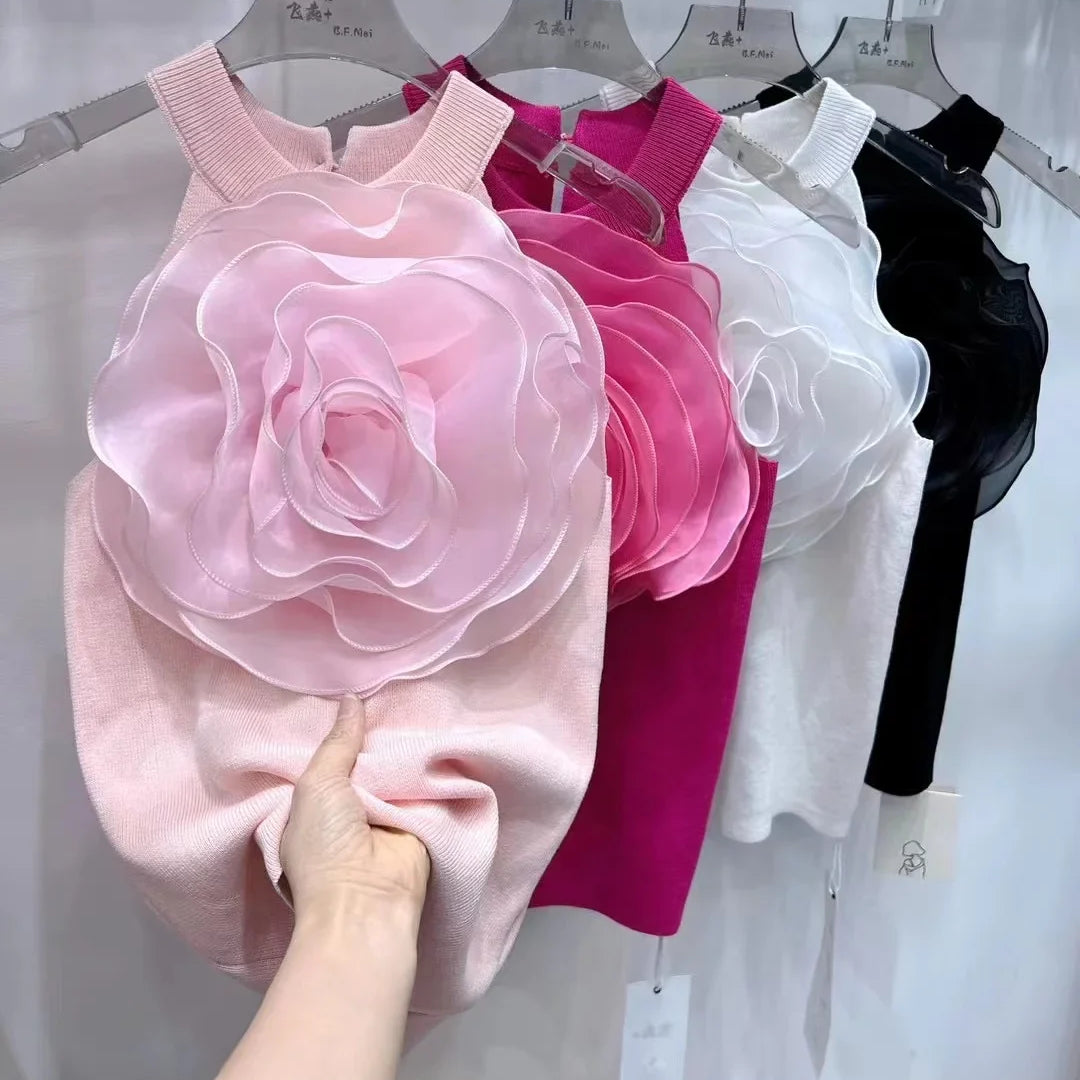Summer New Arrival Knitwear Sexy Crop Tank Top Femme Black White 3D Flower Sexy Sleeveless Knitted Top Slim Fit Halter Vest Pink One Size