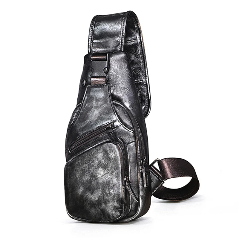 Men Original Crazy horse Leather Casual Triangle Crossbody Chest Sling Bag Design Travel One Shoulder Bag Daypack Male 8015 Silver