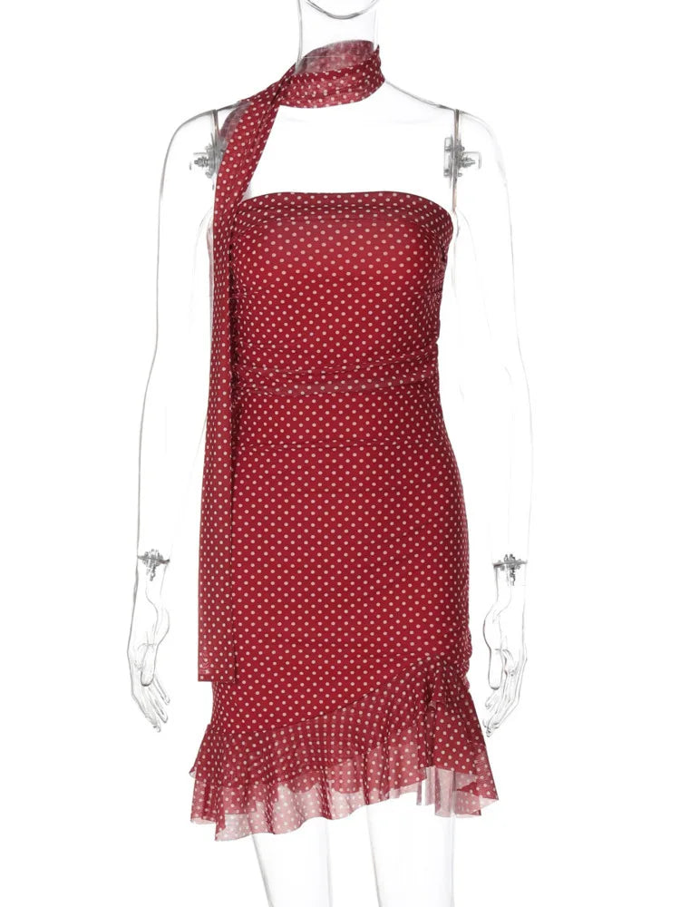 Scarf Collar Polka Dot Mini Dress Women Robe Fashion Off-shoulder Backless Sleeveless Ruffled Club Party Dress Vestido