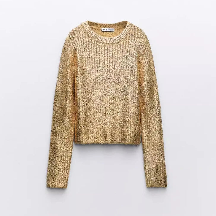 Women Solid O Neck Pullover Top Elegant Loose Long Sleeve Gold Sweatshirt Autumn Female Fashion Casual Shinny Outerwear Gold 2