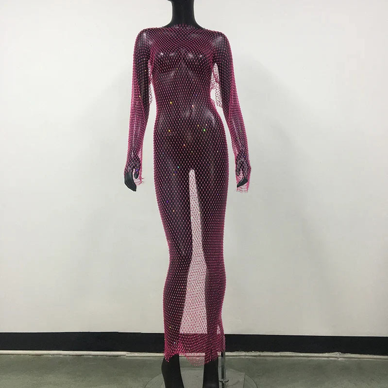 Y2K Sexy Shiny Rhinestones Grid Fishnet Dress Long Sleeve Hollow Out Side Slit Dress Beach Cover Up Breathable Lady Vestidos Rose Red Normal One Size