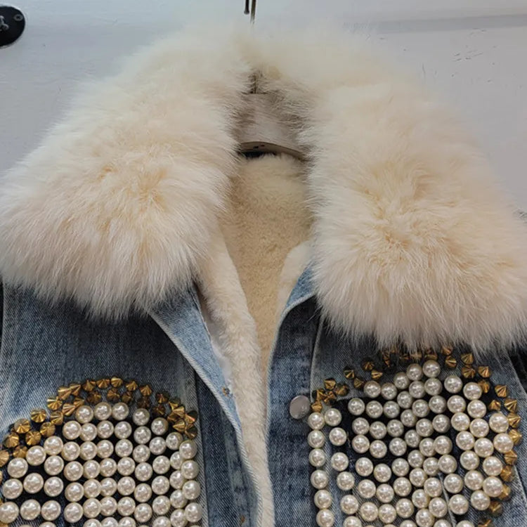 Women's Denim Coat Fox Collar Heart Beading Embroidered Flares Rivet Plush Thick Jackets Winter New Fashion