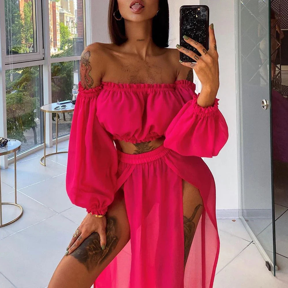 2023 Sexy Mesh Sheer Bikini Beach Cover-up Women Swimsuit Bathing Suit Summer Beachwear Swimwear Beach Dress Tunic Robe Rose Red One Size