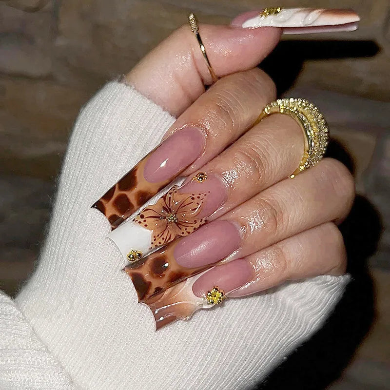 24Pcs Brown Gradient Leopard Print French False Nails Long Square Fake Nails Press on 3D Flower Detachable Full Cover Nails Tips