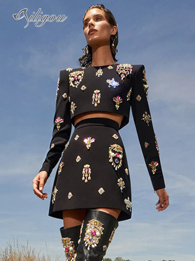 Ailigou 2023 New Autumn Women's High Quality Fashion Sexy Luxury Colorful Diamond Bead Short Top+Dress Black Two Piece Set