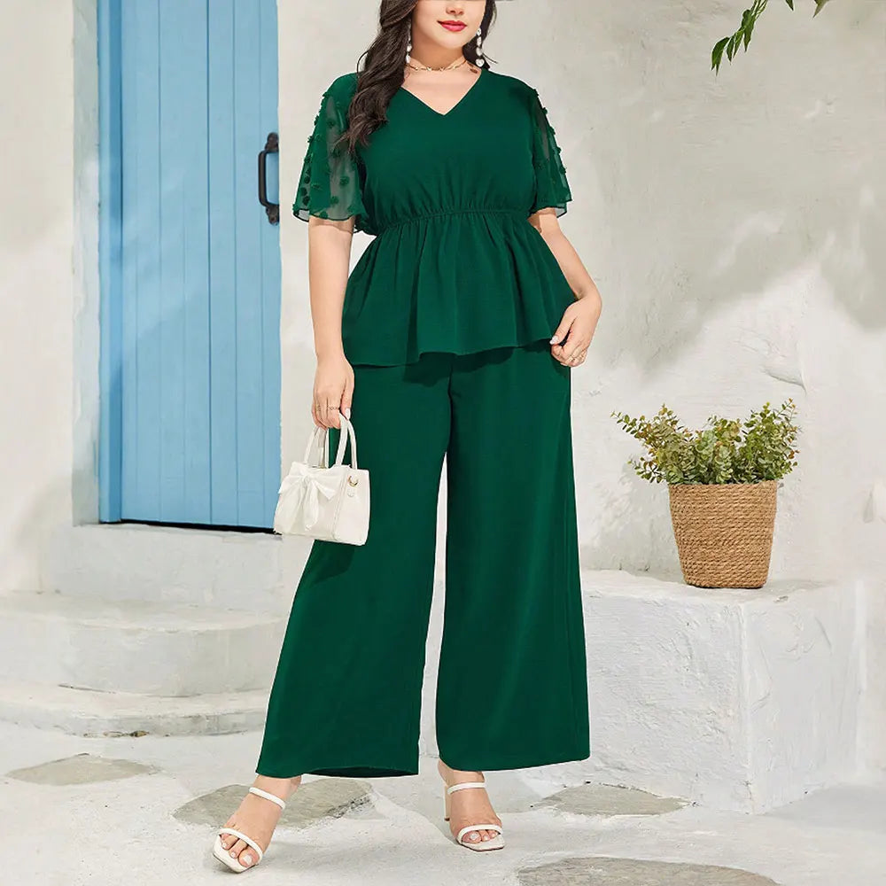 Rafiah Women's Sets Summer Fashion Daily 2025 Plaid Loose Fit Lace V-Neck Long Sleeve Top Midi Pants Casual Sets