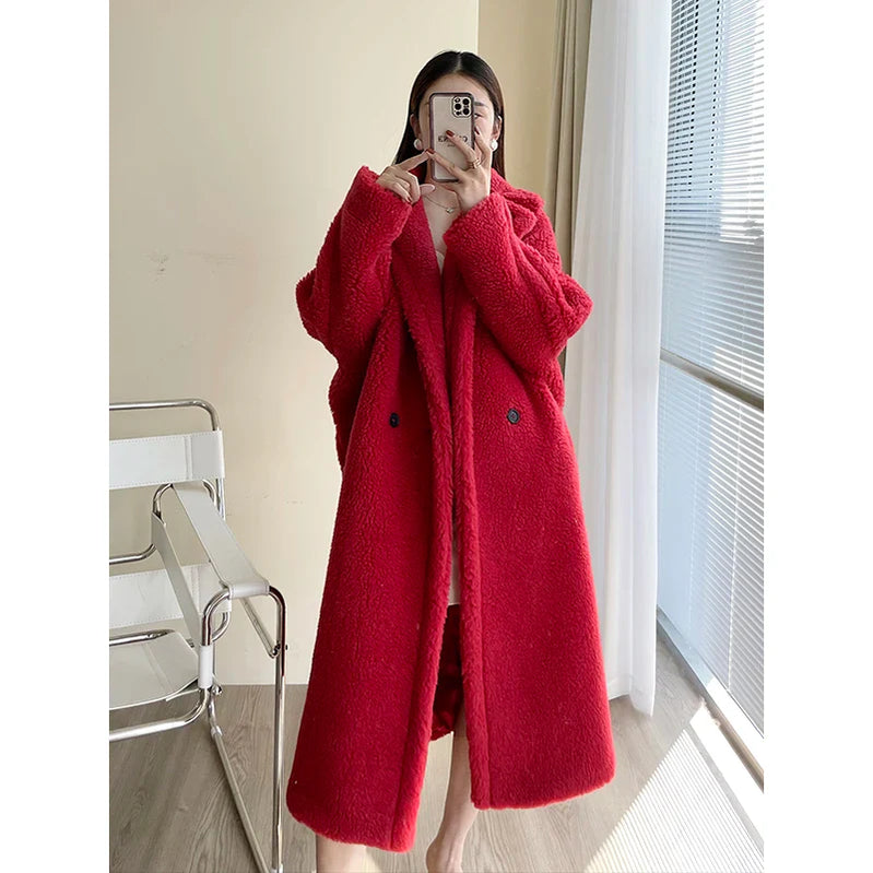 Teddy teddy bear coat women's autumn and winter fur grain camel wool coat alpaca wool med-long woolcoat red