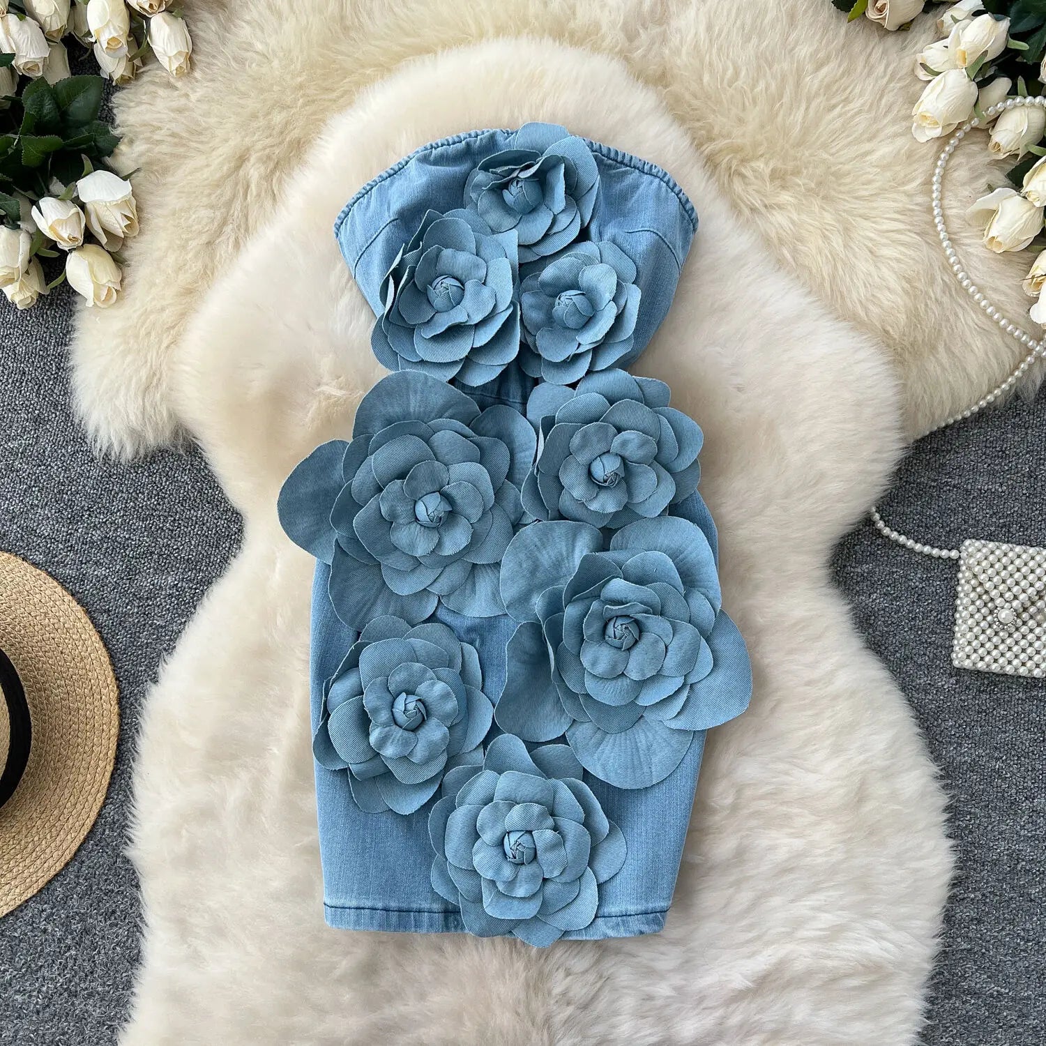 Elegant 3D Flower Rose Short Party Dresses Women Summer Holiday Sleeveless Strapless Corset Blue Denim Jeans Dress Mini Vestidos