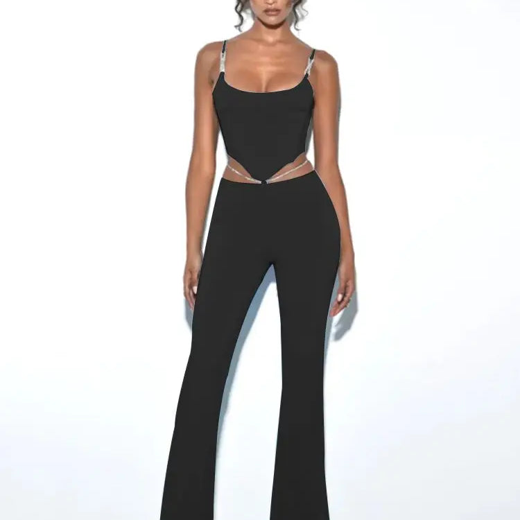 Shiny Chain Sling Sleeveless Cropped Top and Pants 2 Piece Set 2022 New Summer Women's Sexy Club Party Pants Set Outfits black