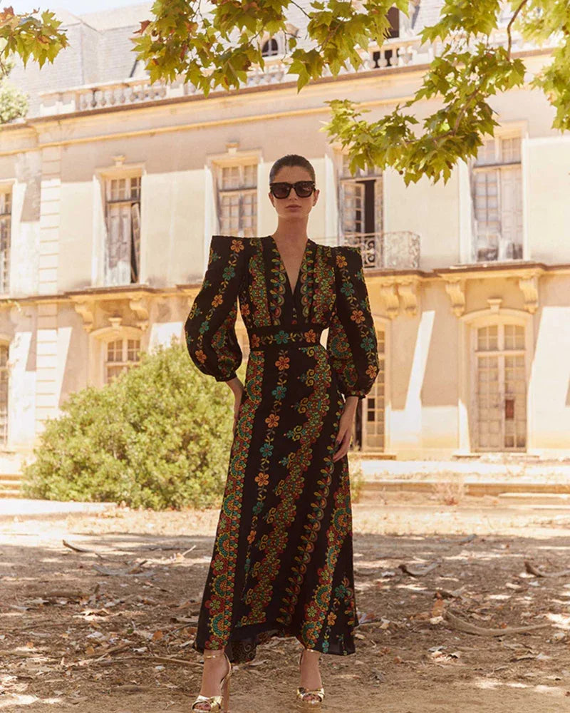 Vintage Printed Pleated Suit Dress Shoulder Pads Puff Sleeve V-neck Top High Waist Skirt Female New Spring Autumn Lady Suit Black