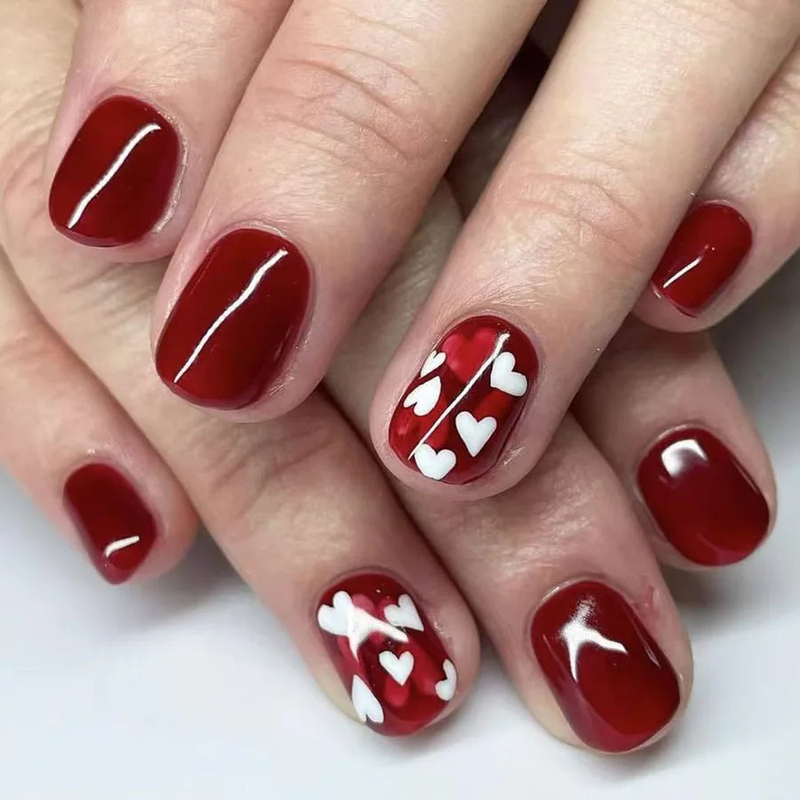 24Pc Square French Fake Nails with Heart Love Designs Glossy White Pink Press on Nails Full Cover False Nail for Valentine's Day