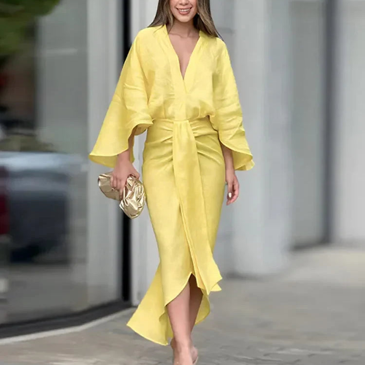 Women Fashion Loose Flare Sleeves Pleated Midi Dress Elegant Solid V-neck High Waist Slim Dresses Female Highstreet Vestidos Yellow