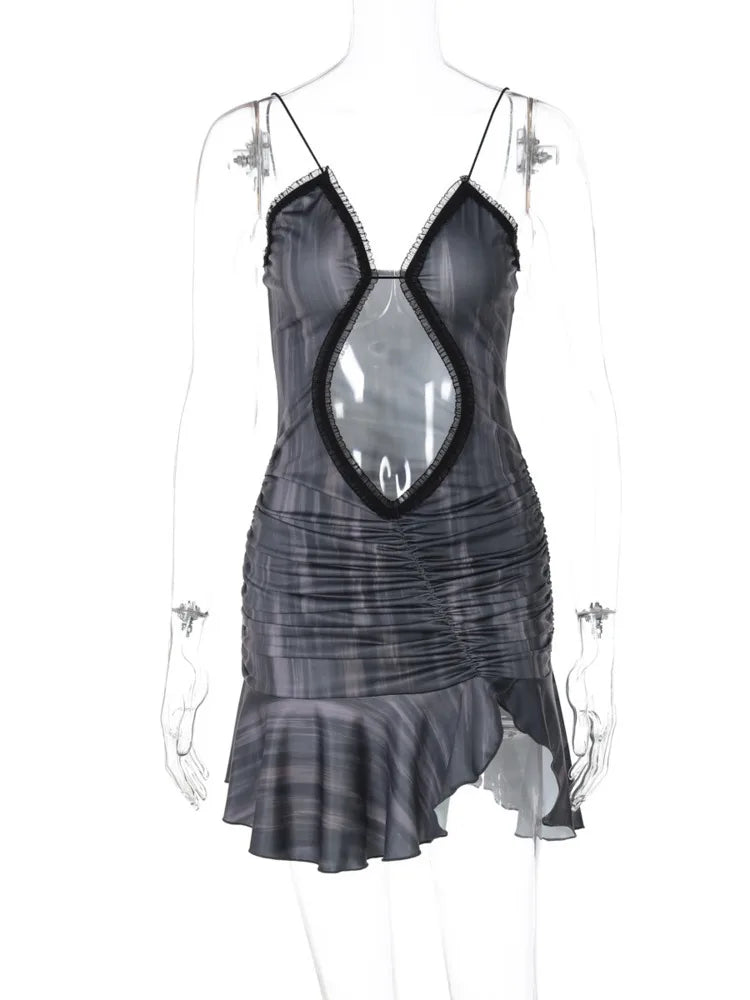 Vestido curto sexy com alças finas vazadas para mulheres, ombro de fora, sem alças, babados, franzido, justo, dividido