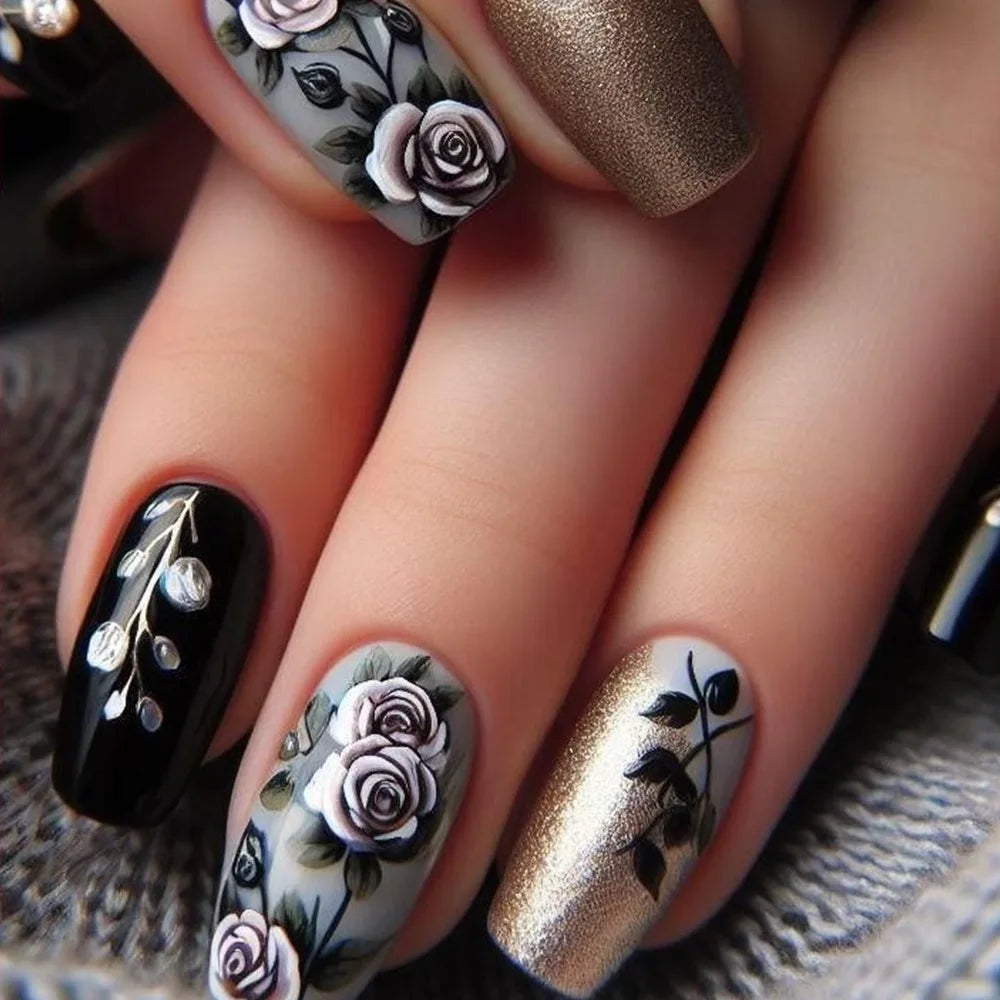 24pcs Acrylic Press on Nails Medium Green Flower Plants Pattern Fake Nails with Glue Ballet Full Cover Wearable False Nail Tips