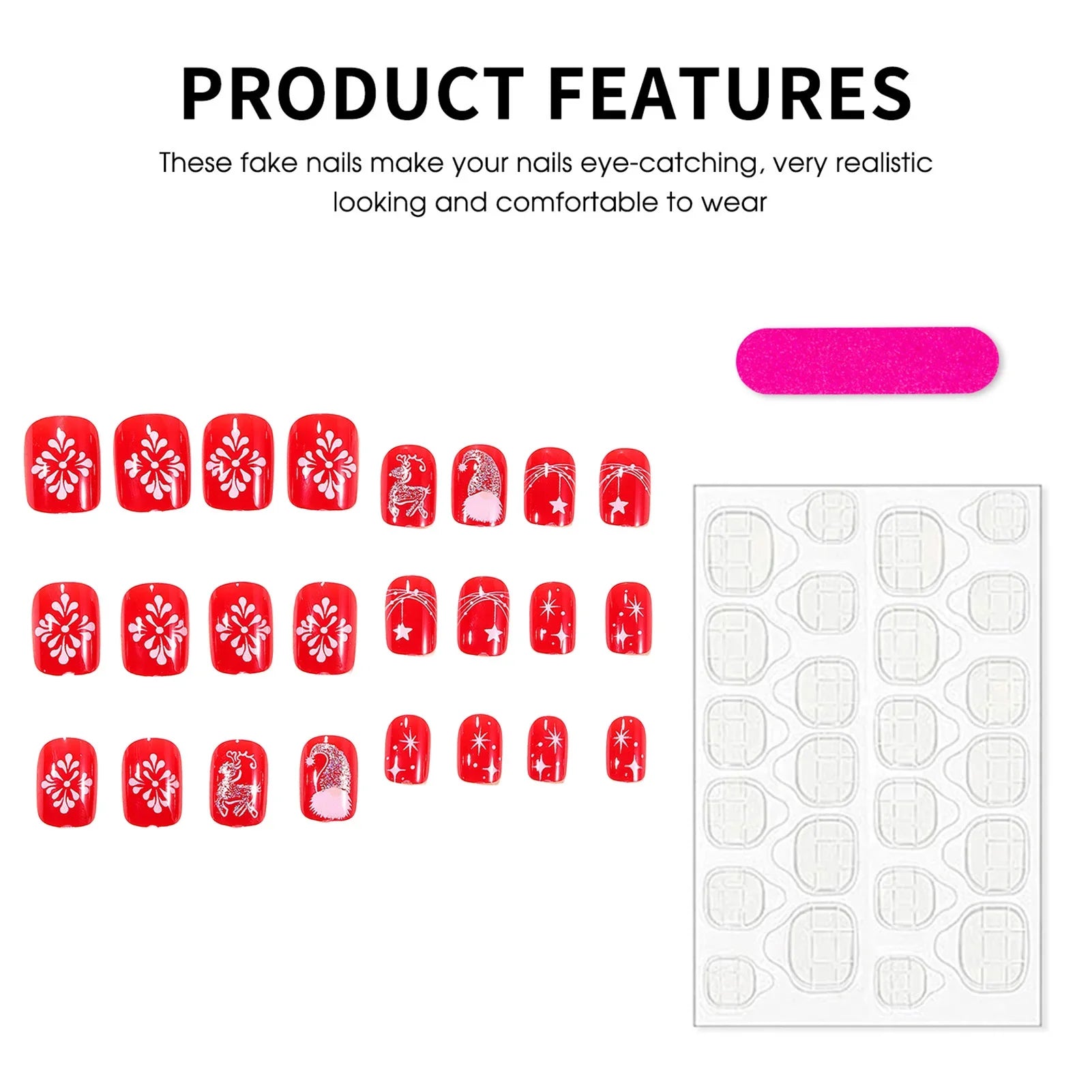 Short Square Press On Nails for Christmas Party, 24Pcs Red Fake Nails Deer/Snowflake/Star Printed Wearable Fake Nails Art