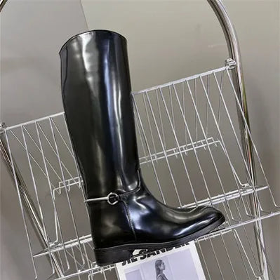 Botas femininas de cano alto, bico redondo, salto baixo, sexy, sem cadarço, para motocicleta, outono e inverno