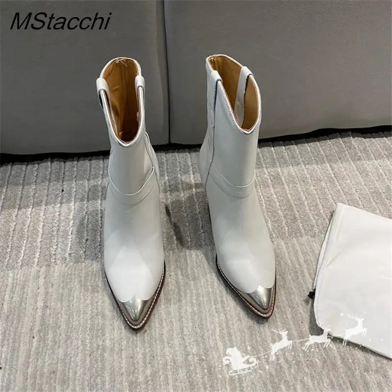 Metal Toe Women's Knight Boots Elegant Genuine Suede Leather Short Boots Ladies Strange Heel Shoes Women Slip-on Mid-calf Boots