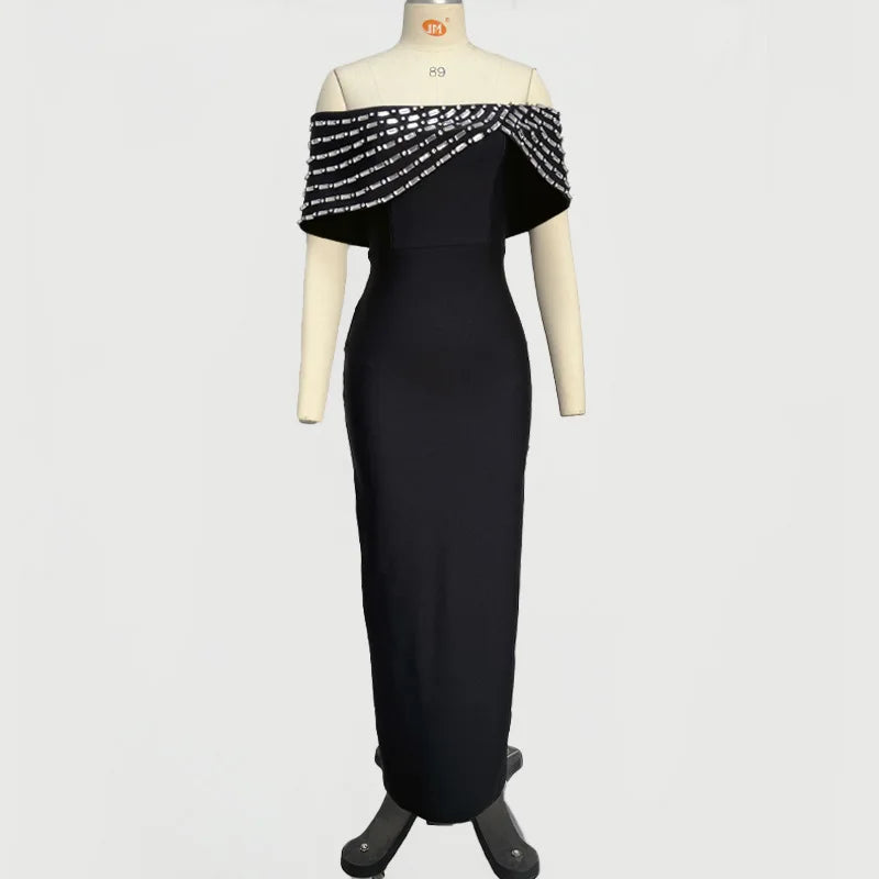 Vestido longo bandagem preto feminino, sexy, decote em V, brilhante, cristal, colado, elegante, festa à noite, coquetel, tapete vermelho