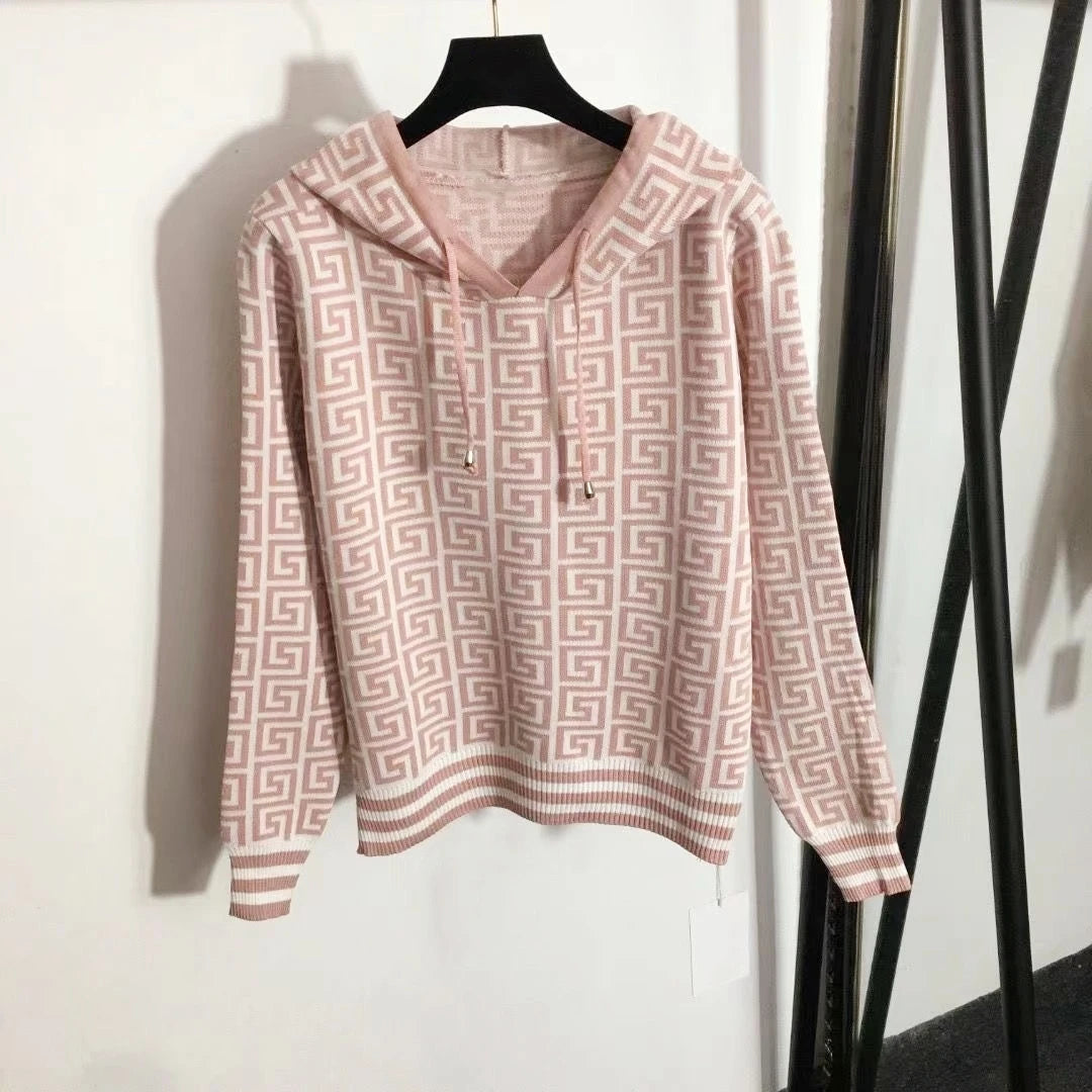 Knitted Hooded Sweater Hoodies Set For Women Autumn Winter Luxury Brand Designer Stitch Knitwear Pullover Tops Clothes pink top