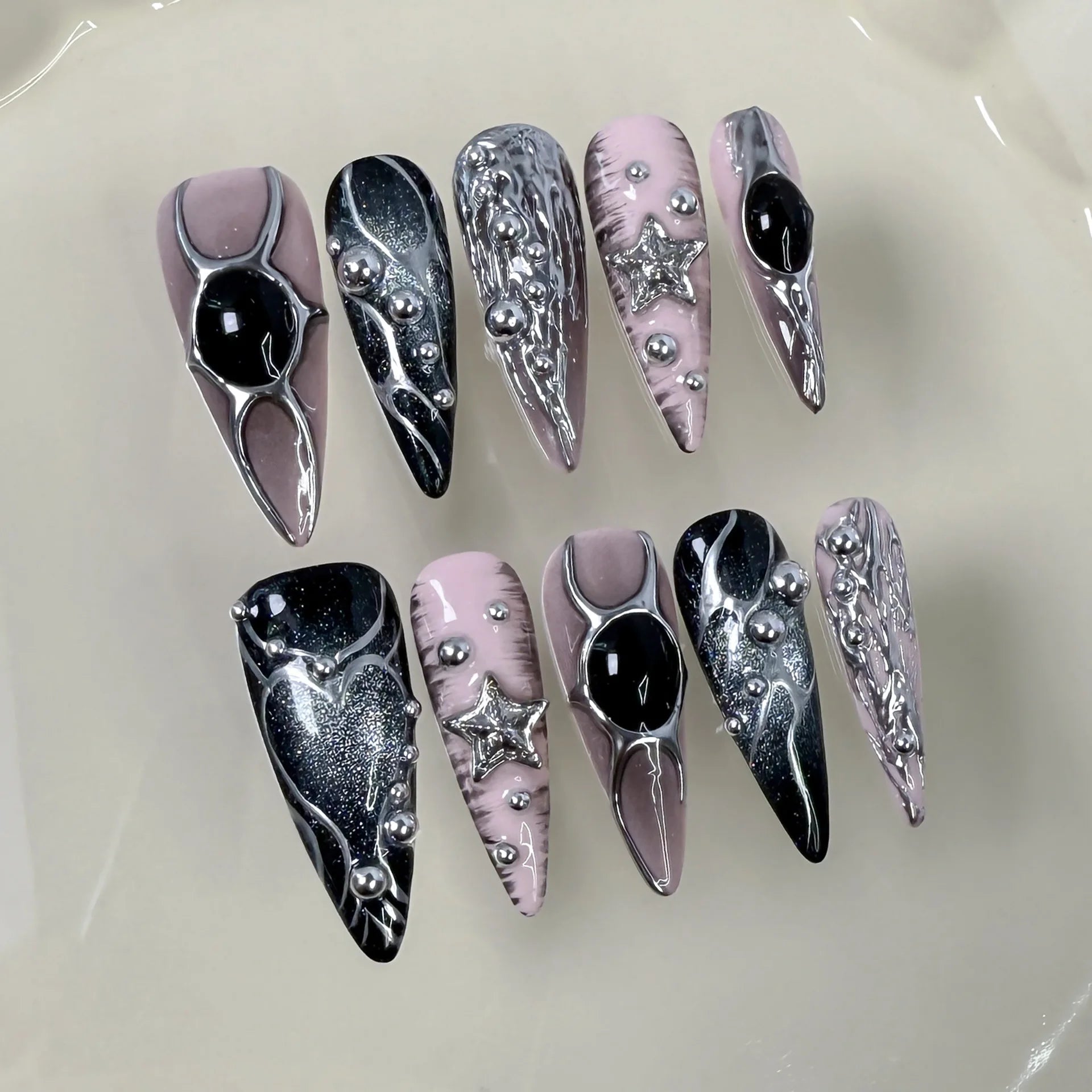 10Pcs Light Luxury Long Dark Black False Nails Pink Glitter Spice Girls Wearing Manicure 3D Bow Rhinestone Fashion Acrylic Nails