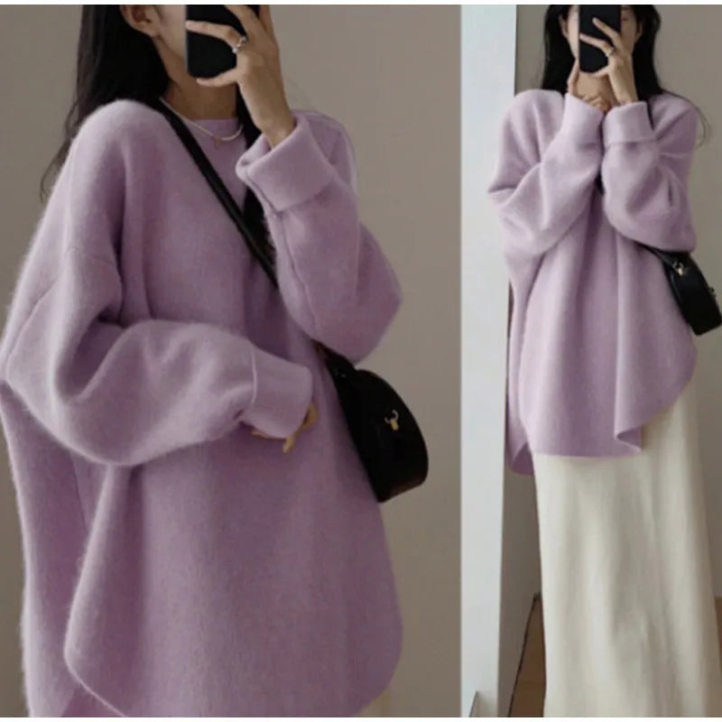 Fashion Knit Pullover for Women Sweet O-neck Fluffy Sweater Female Spring Autumn Soft Elegant Long Sleeve Ladies Knitwear Purple One Size