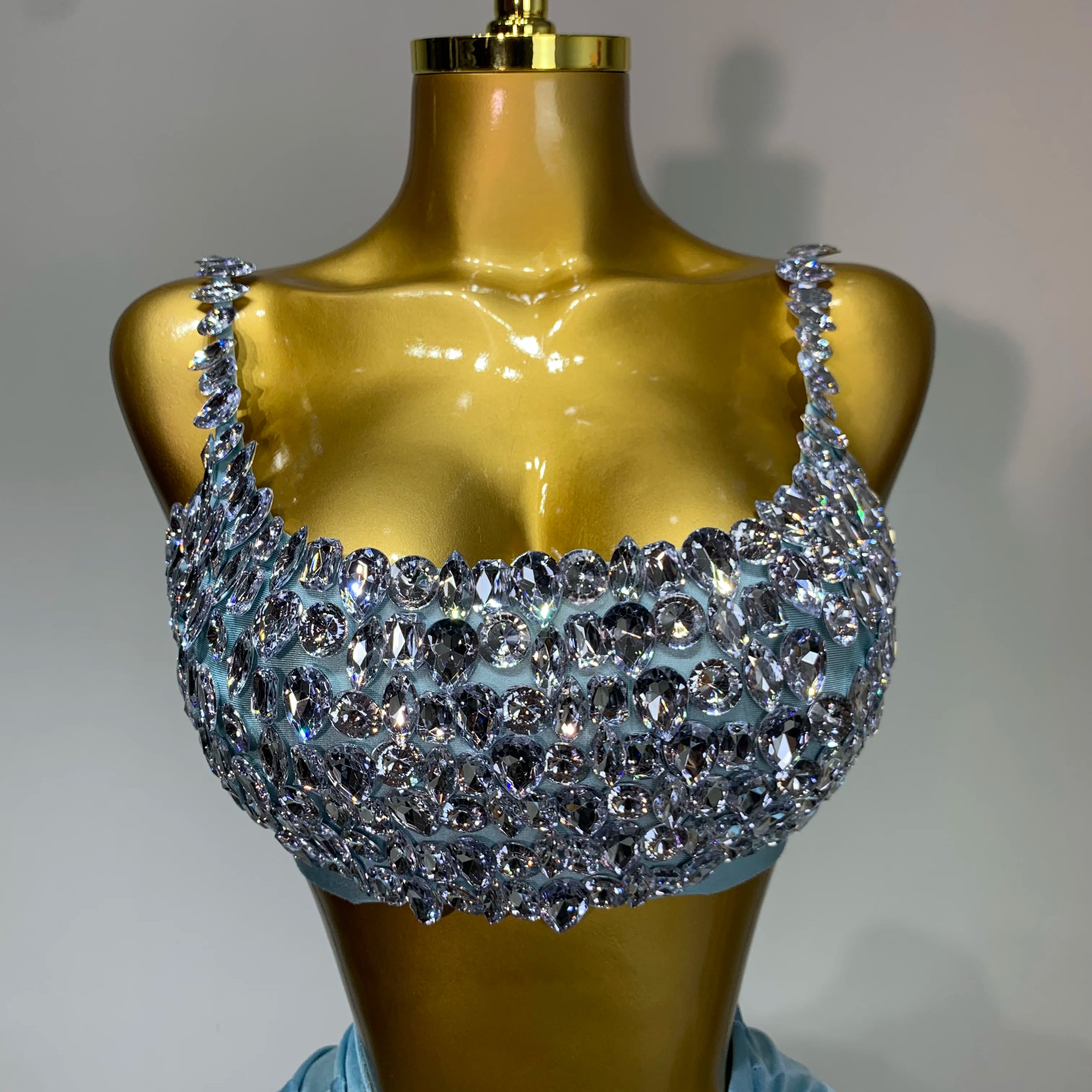 Women Sexy Stretched Crystal Diamonds Two Pieces Set Nightclub Singer Dancer Sparkly Stage Costume Evening Party Birthday Gowns