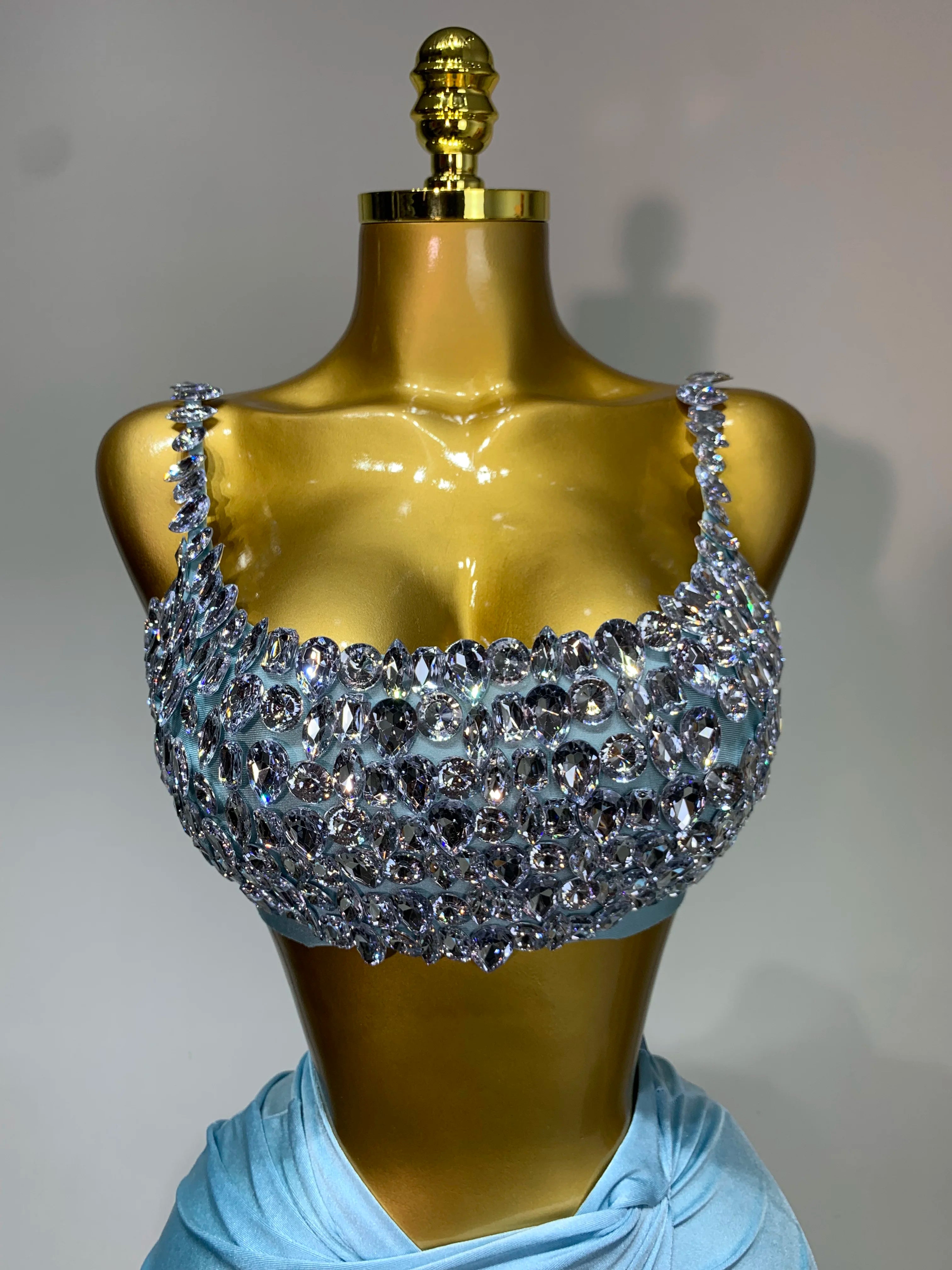 Women Sexy Stretched Crystal Diamonds Two Pieces Set Nightclub Singer Dancer Sparkly Stage Costume Evening Party Birthday Gowns