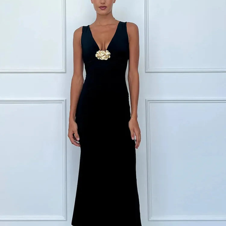 Elegant Deep V Neck Front Gold Clasp Sexy Maxi Dress For Women Black Gown Sleeveless Slim Fit Long Tank Dress Elegant
