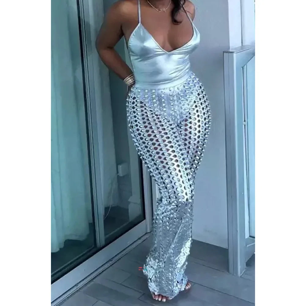 Plus Size Silver Solid Festival Metallic Hollow Sleeveless Two Pieces Pant Sets 2025 New Fashion