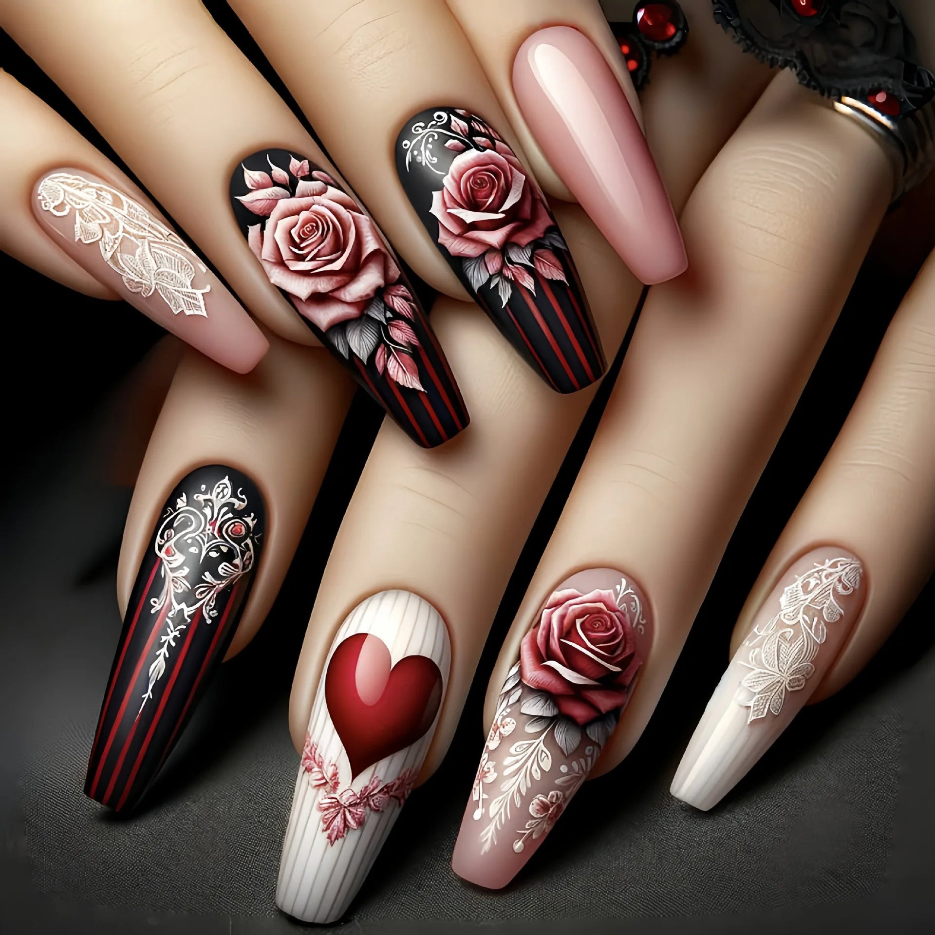 24pcs/set medium long fake nails for women cute gradient pink red heart rose flowers for Valentine's Day press on acrylic nails