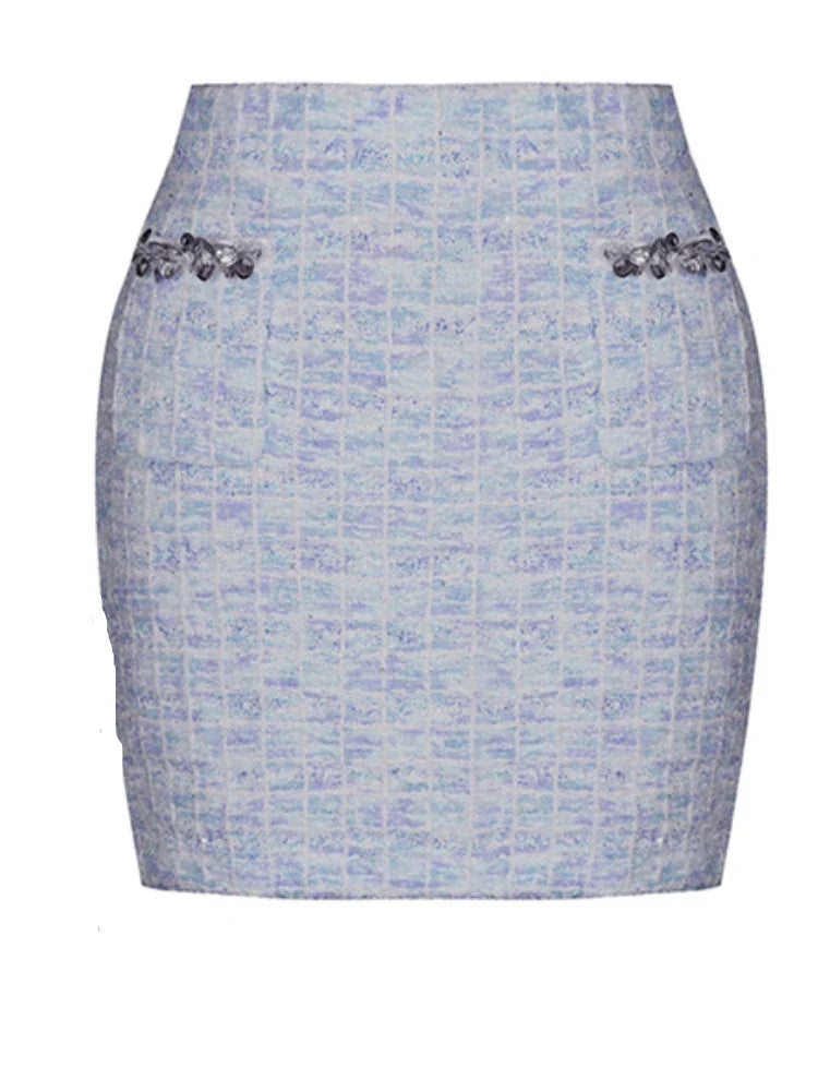 Two Piece Sets for Women Round Neck Long Sleeves Spliced Diamonds Top High Waist Patchwork Pockets Skirt Female New