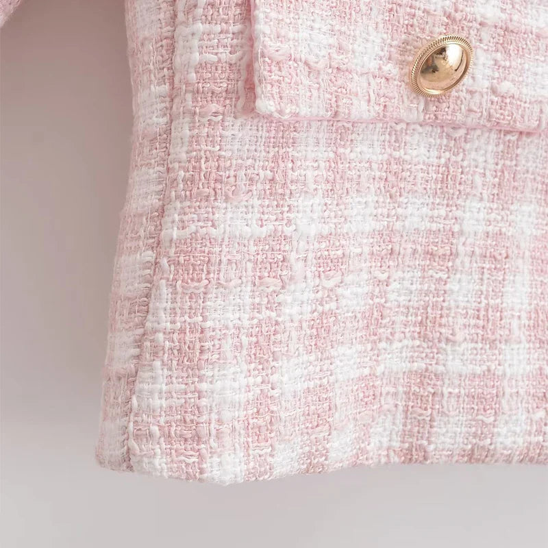 Women's Jacket Autumn Vintage Tweed Blazers Coats Fashion Single-breast Pink Plaid Suit Female New in Outerwears Clothing Top