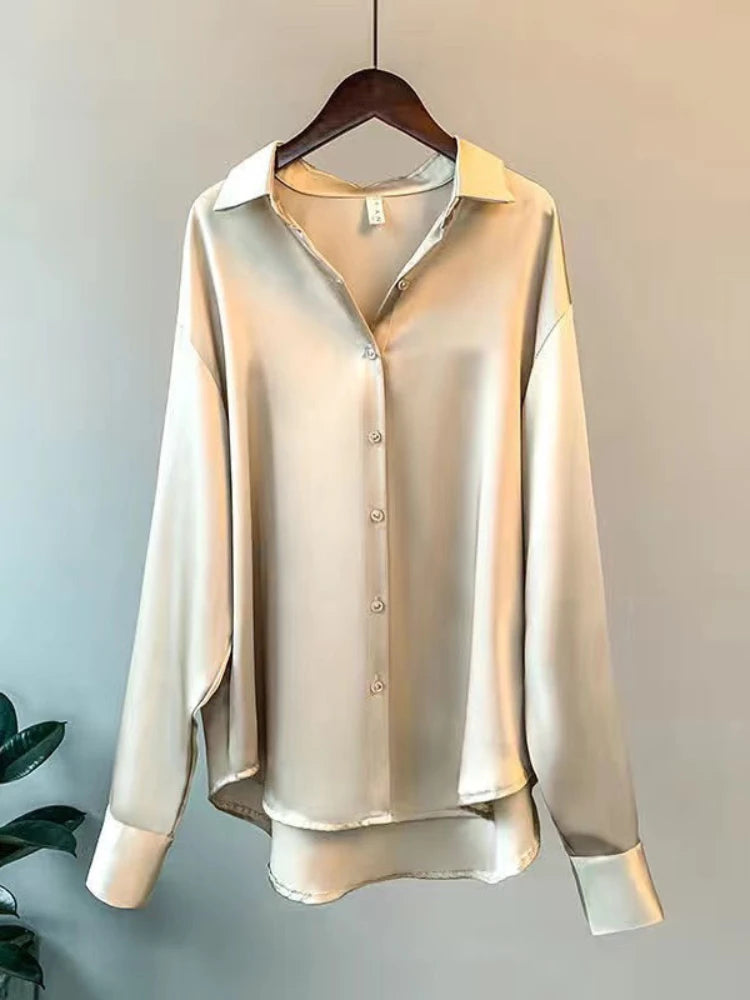 Casual Office Lady Silk Blouses Autumn Long Sleeve Button Up Shirt Women Elegant Winter Tops Office Lady Acetate Blouse Champagne