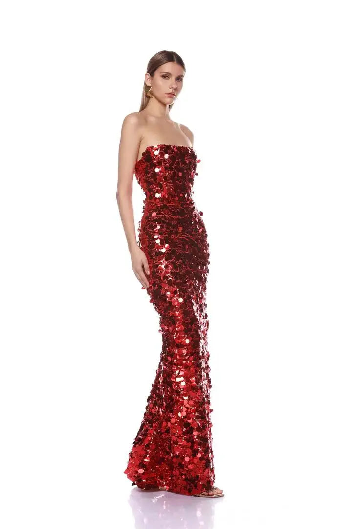 Christmas Style Women Shinning Red Sequins Strapless Bodycon Long Dress Celebrate Birthday Party Nightclub Outfit Vestido