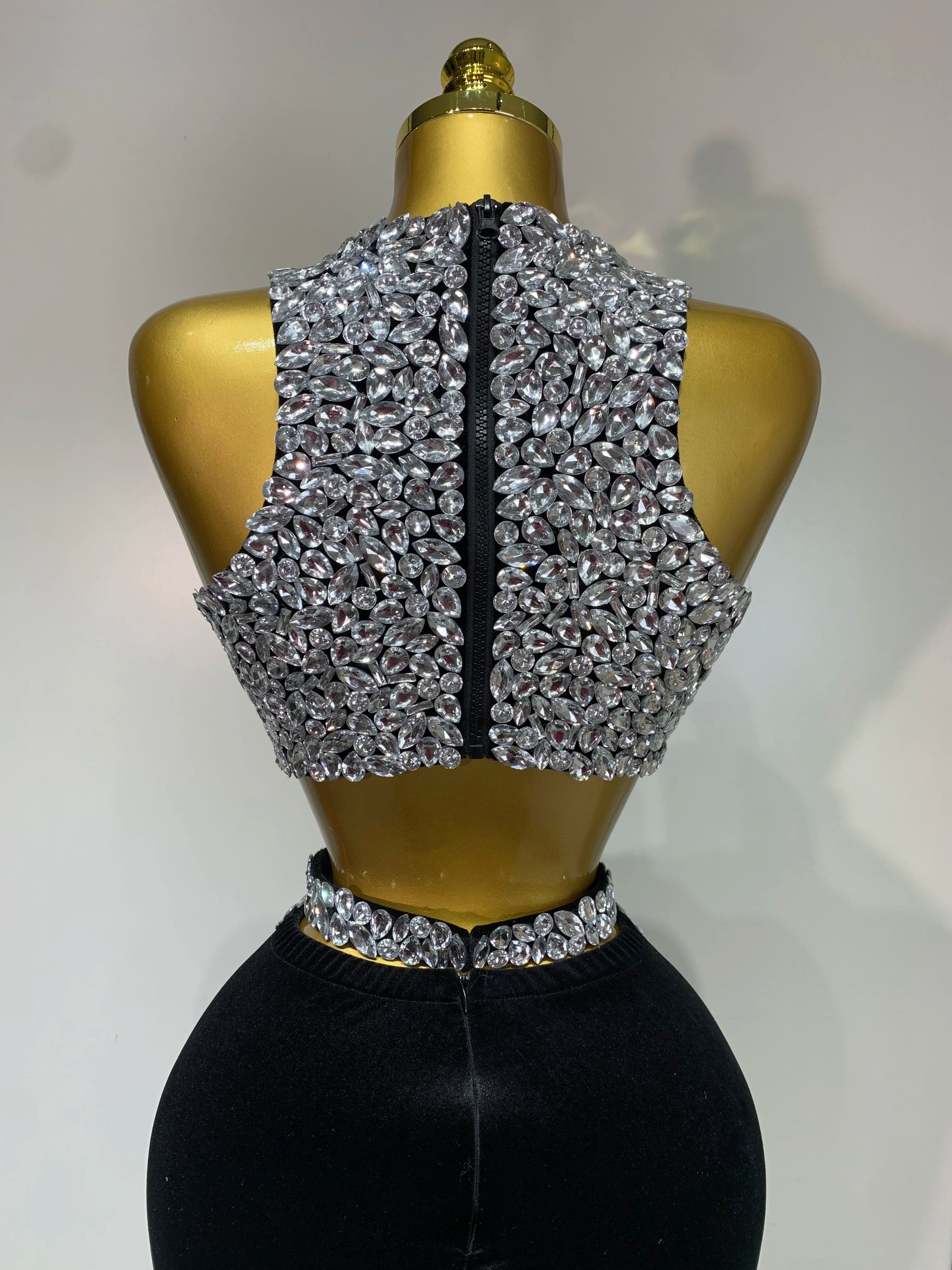 Sparkly Crystal Bodycon Long Dress 2025 Women Sexy Crop Top 2 Pieces Set Nightclub Elegant Party Performance Stage Costume