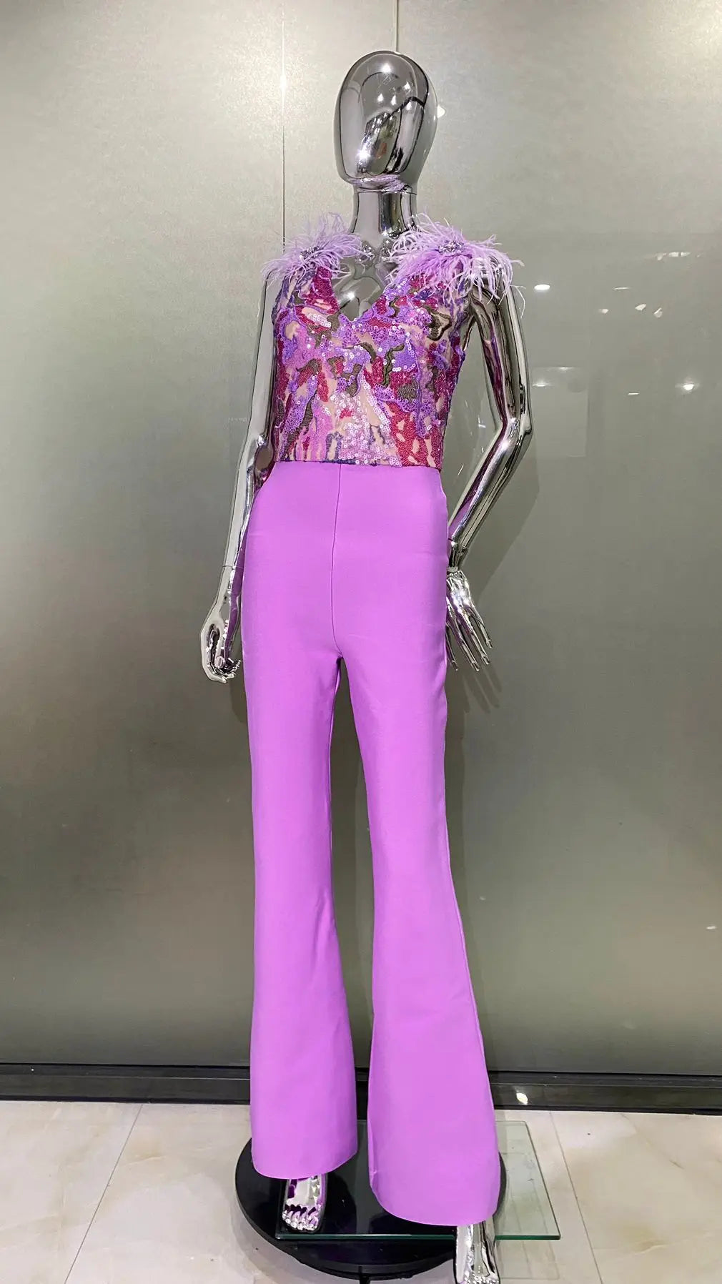 High Quality Gorgeous Feathers Shining Sequins Sexy V-Neck Sleeveless Violet Jumpsuit Graceful Woman Evening Party Outfit