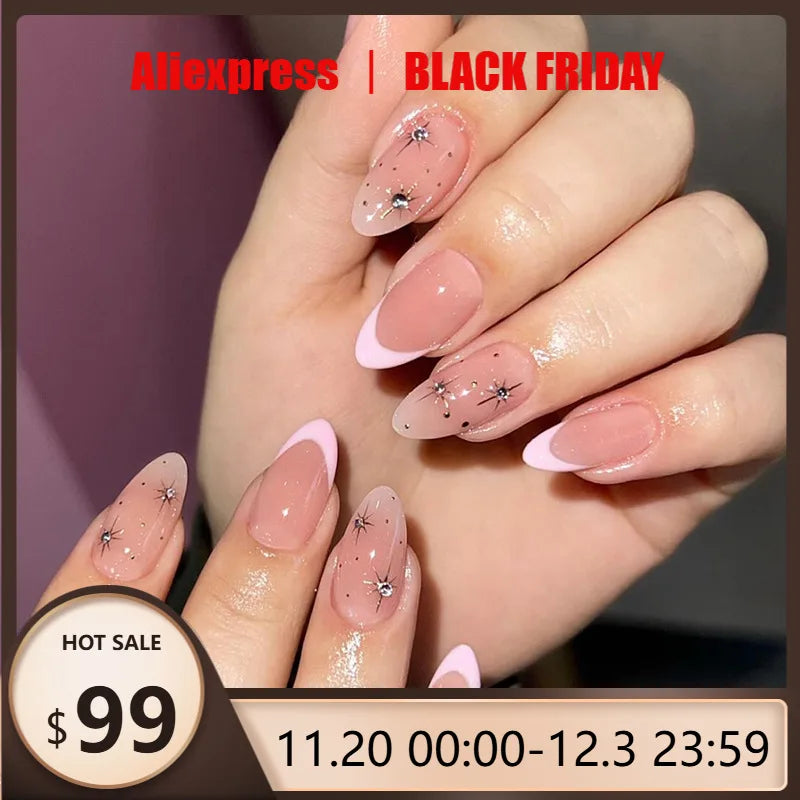 24pcs Starry Almond Simple Bare Pearl Powder Dot Diamond Press on Nails French Fake Nails Full Cover Wearable False Nails