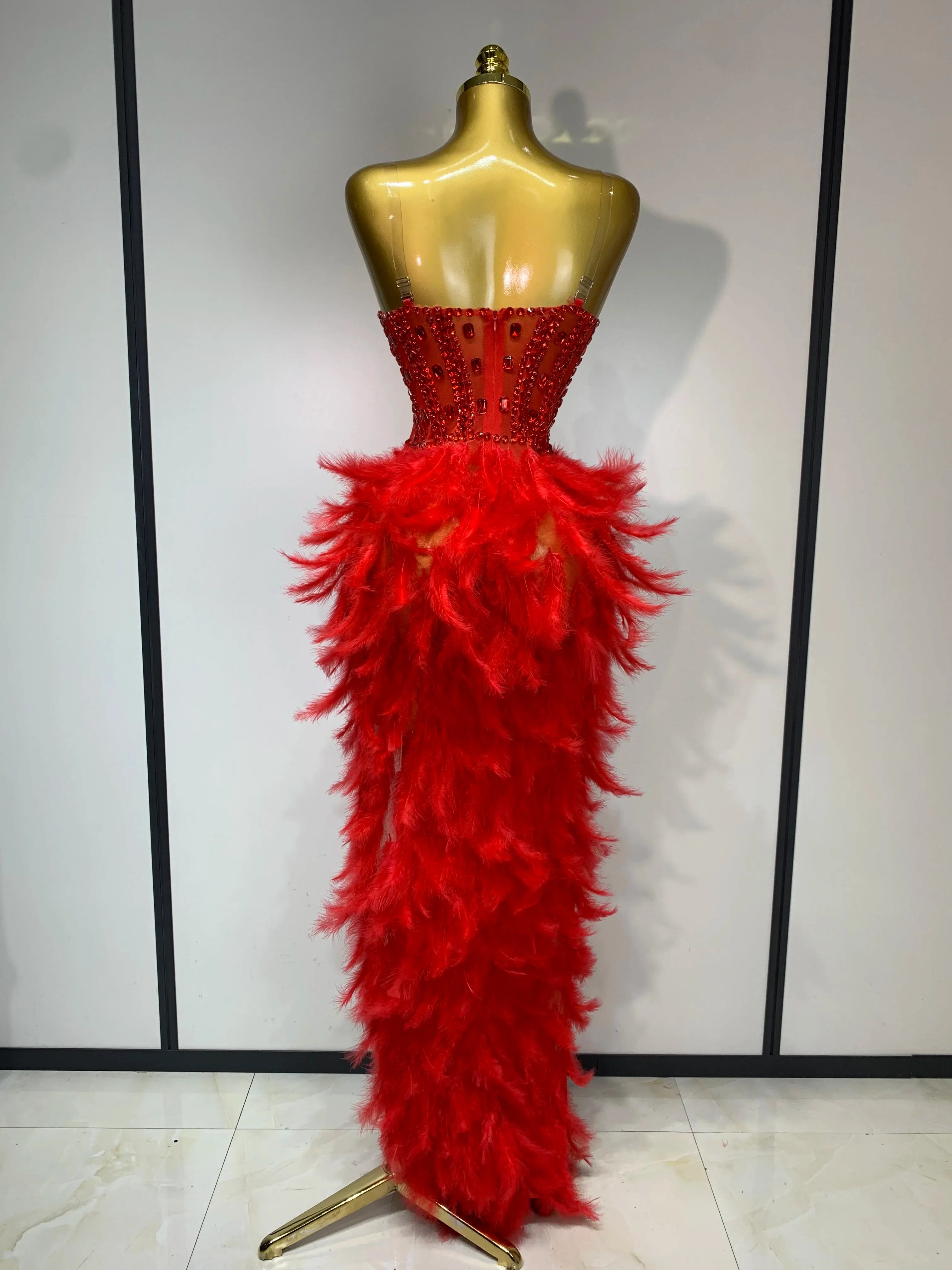 Sparkly Rhinestone Feather Mesh Long Dress Women Sexy Elegant Evening Party Luxury Birthday Photo Shoot Performance Costume