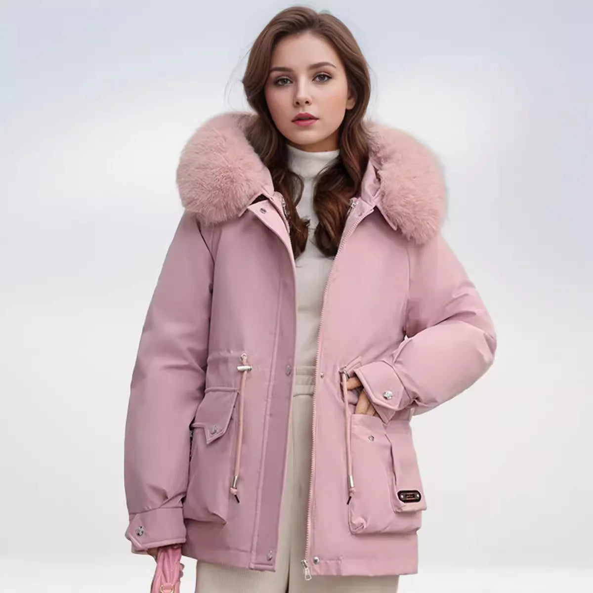 Winter Women's Jacket Fur Collar Thicken Warm Casual Cotton Jacket Female 2 Pocket Drawstring Waist Cinching Parka Jacket Pink