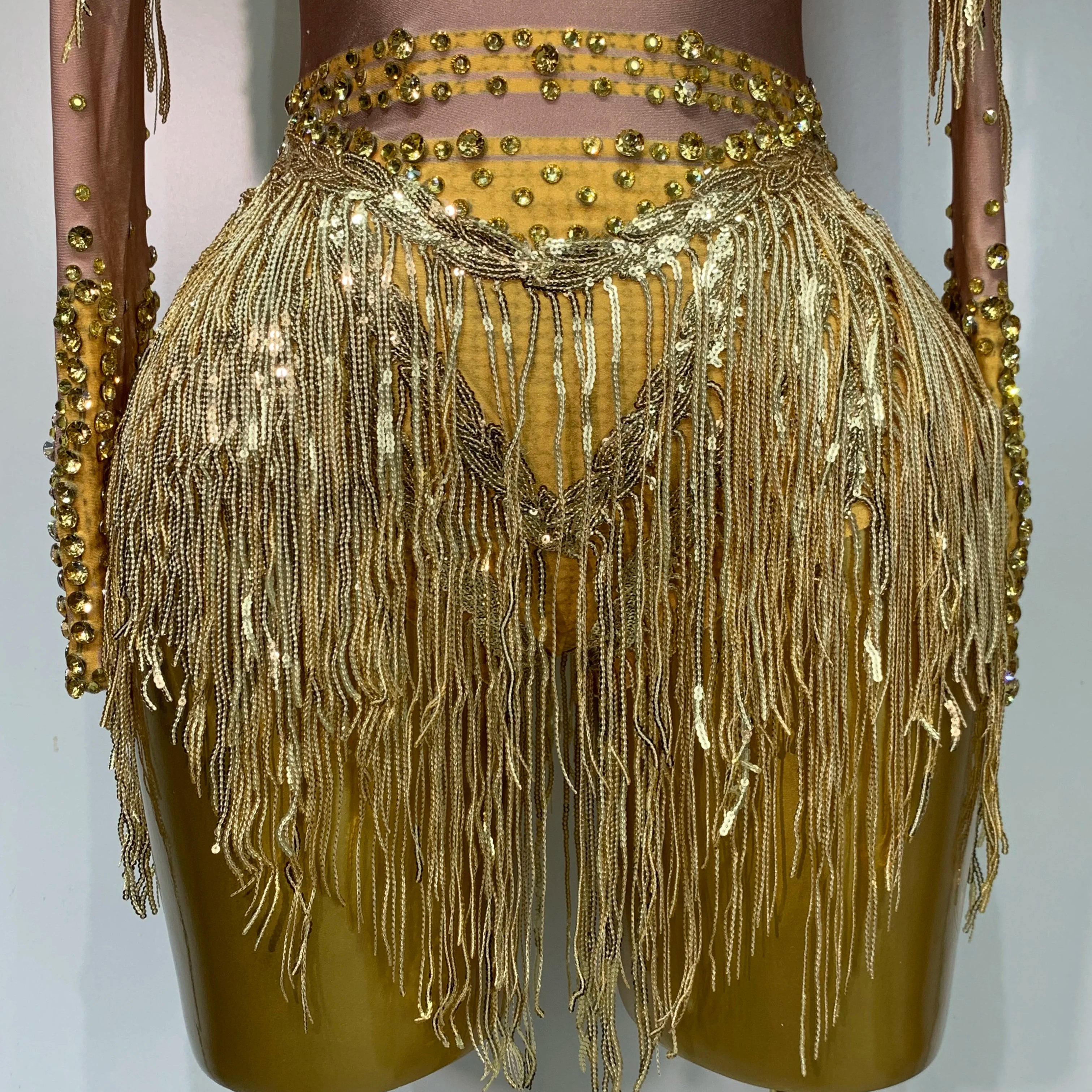 Women Long Sleeve Sexy Shinning Tassels Rhinestone Bodycon Bodysuit High Stretch Bar Dancer Nightclub Stage Wear Birthday Outfit