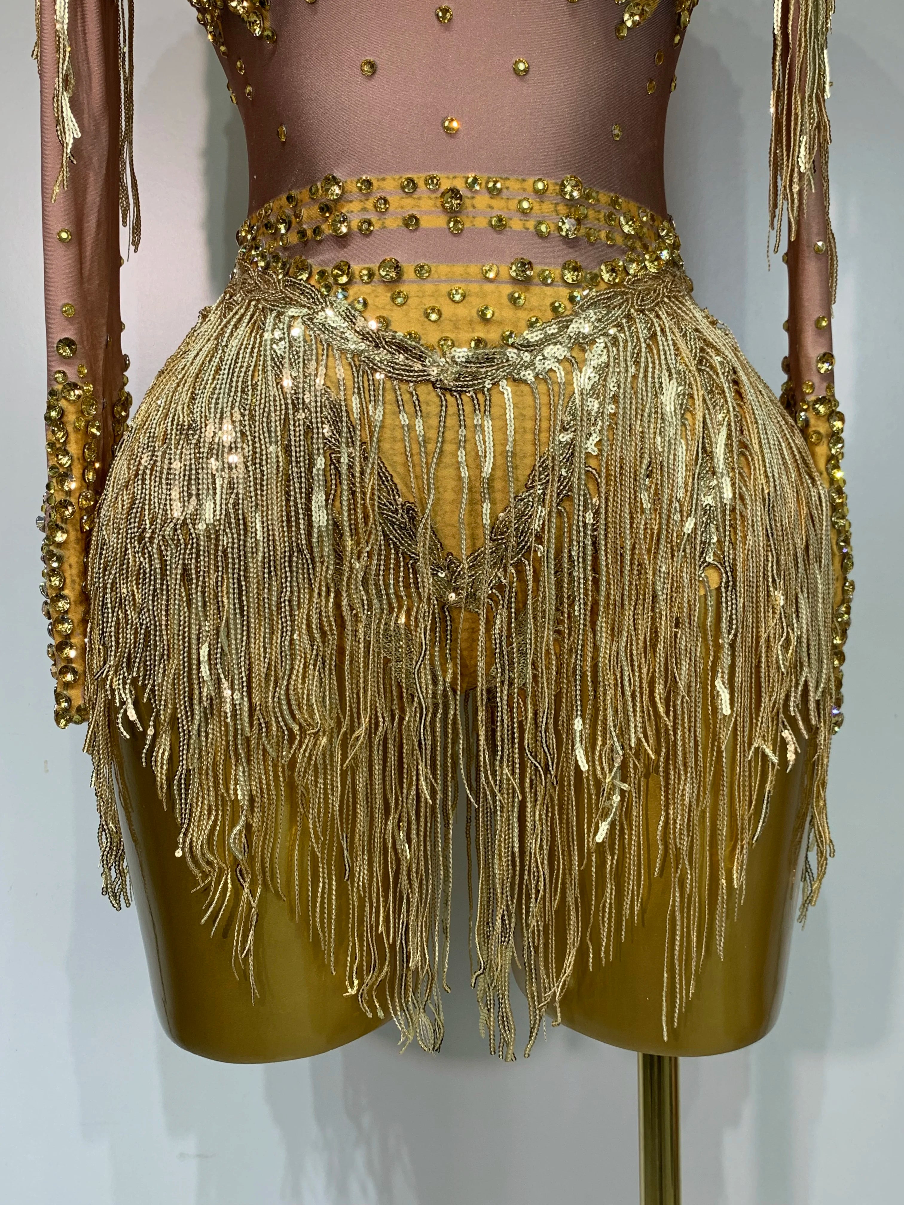 Women Long Sleeve Sexy Shinning Tassels Rhinestone Bodycon Bodysuit High Stretch Bar Dancer Nightclub Stage Wear Birthday Outfit