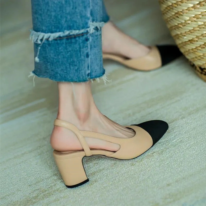 Sapatos femininos de salto médio damasco, cores mistas, bico redondo, sandálias casuais femininas, vestido de festa, sapatos slingbacks, tendência