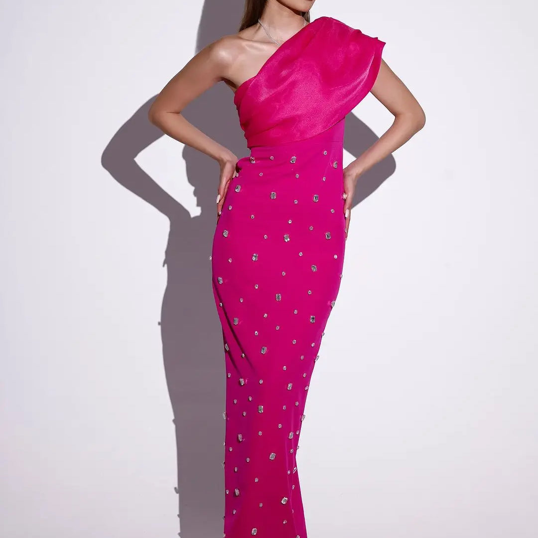Rosered Black Color Women Sexy One Shoulder Shinning Crystal Bodycon Bandage Long Dress Celebrate Fashion Evening Party Outfit