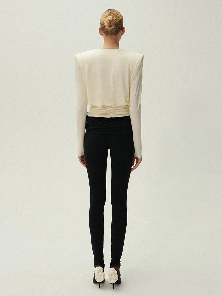 Slim Two Piece Set For Women Swinging Collar Long Sleeve Top High Waist Spliced Appliques Pant Casual Sets Female