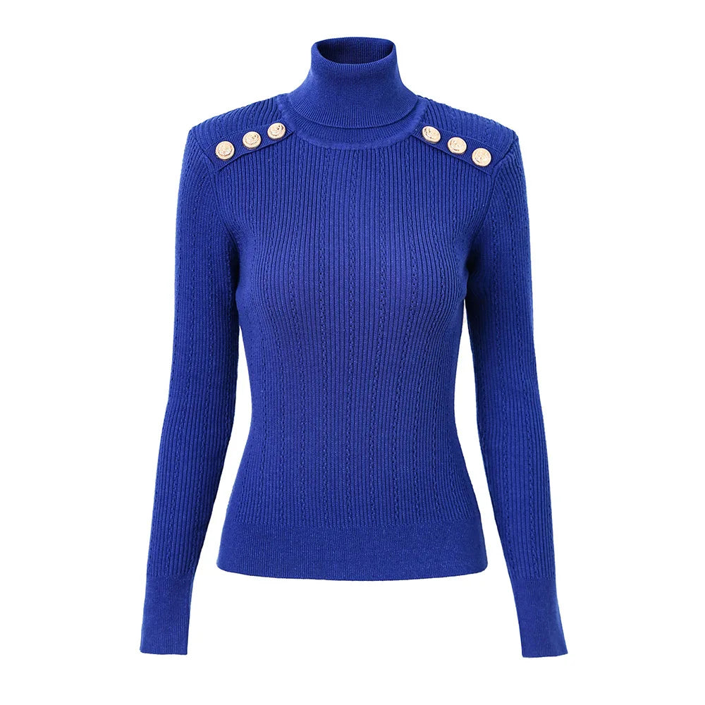 Classic Turtlenecks Pullovers Long Sleeve Gold Buckle Sweater Women Winter Fall Casual Elasticity Knitting Top Blue