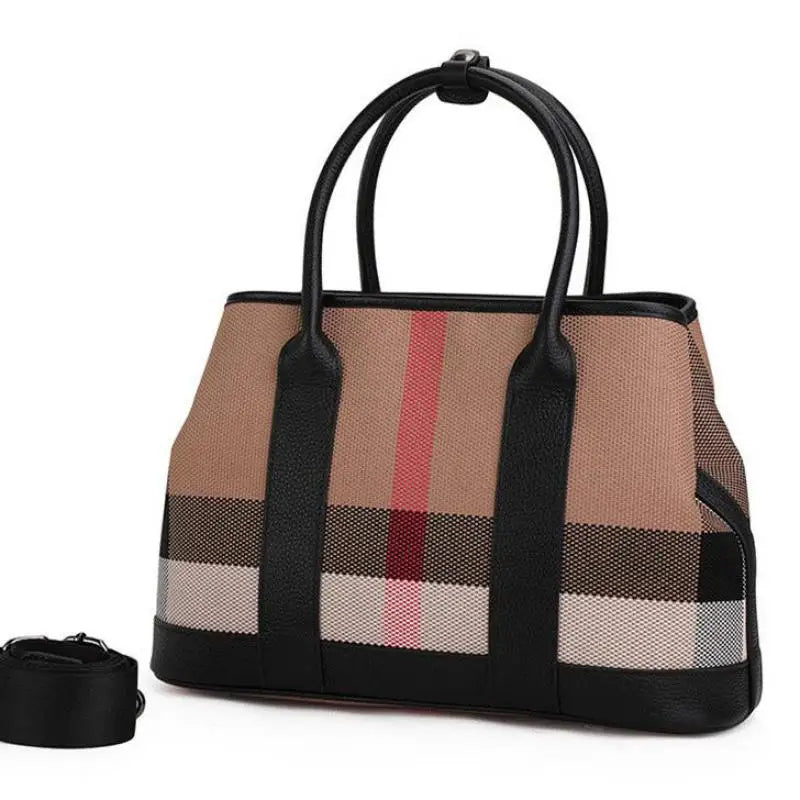Black Female Bag Designer Luxury Handbags Plaid Printed Women Hand Bag Wide Strap Canvas Pu Leather Shoulder Bag Lady Purse