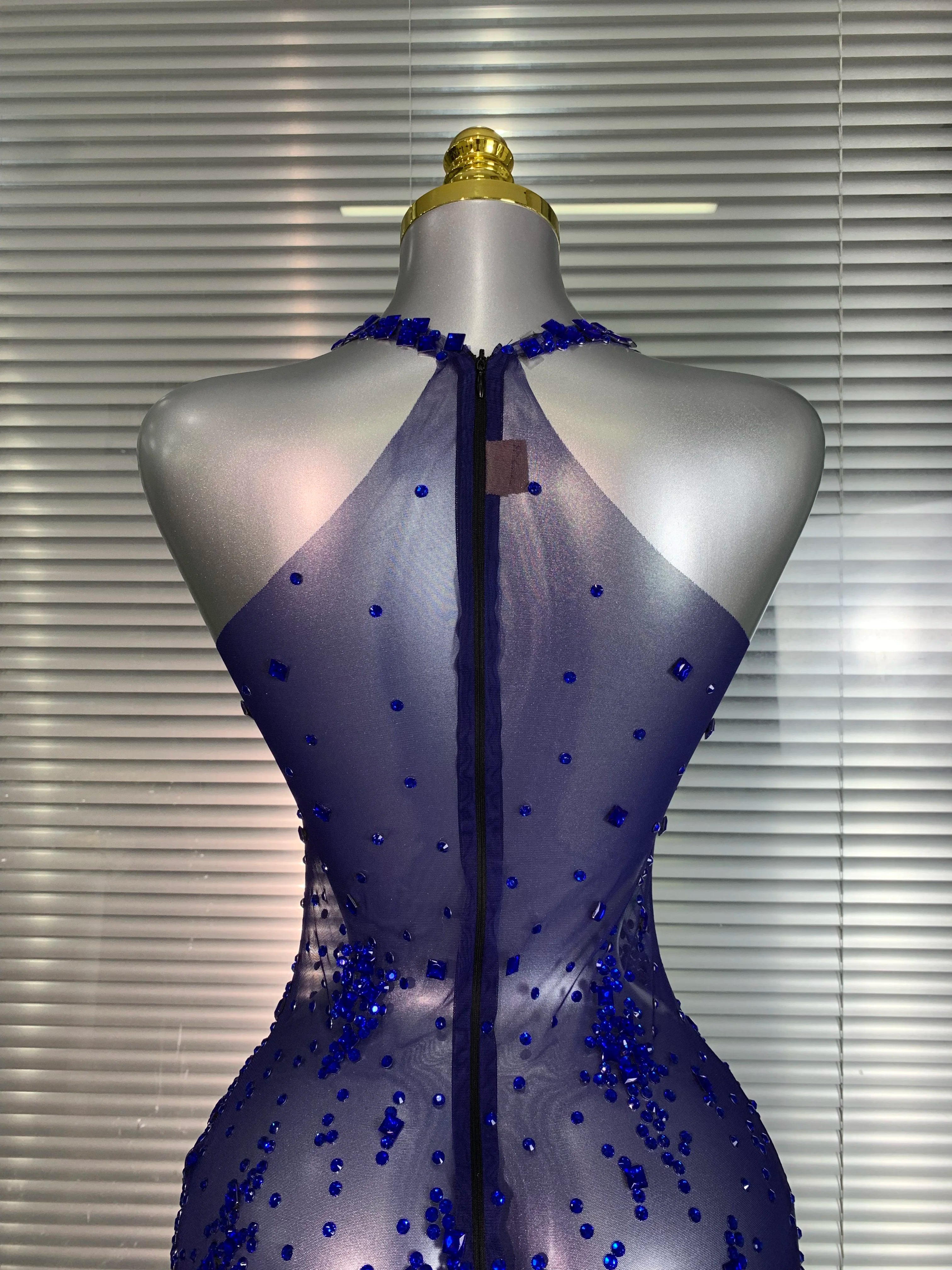 Summer 2025 Women Sexy Mesh Crystal Diamonds Blue Performance Costume Stage Dancer See Through Stretchy Night Club Party Dress